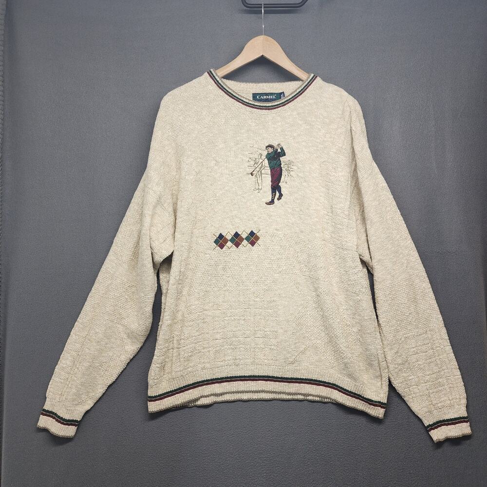 Vintage Carmel Golf Sweater Mens XXL (fits like modern XL) Cream Embroidered USA